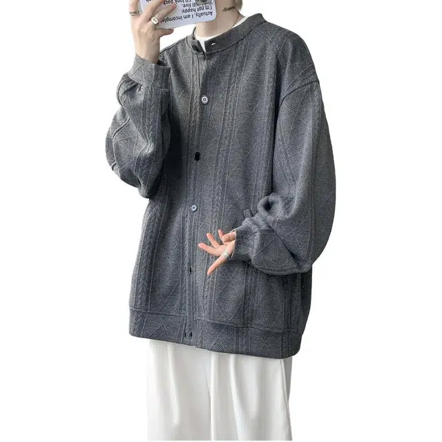 拓菲 纯色肌理感开衫卫衣男美式学院风麦穗纹提花上衣休闲百搭外套针织衫 男女同款