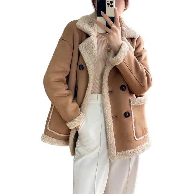 邓大喵 百搭洋气麂皮绒皮毛一体外套女秋冬季小个子保暖加厚长袖上衣皮草 女款