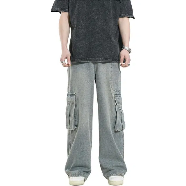 拾个壹先生 美式复古高街痞帅小众多口袋宽松休闲百搭设计感长裤牛仔裤 男女同款