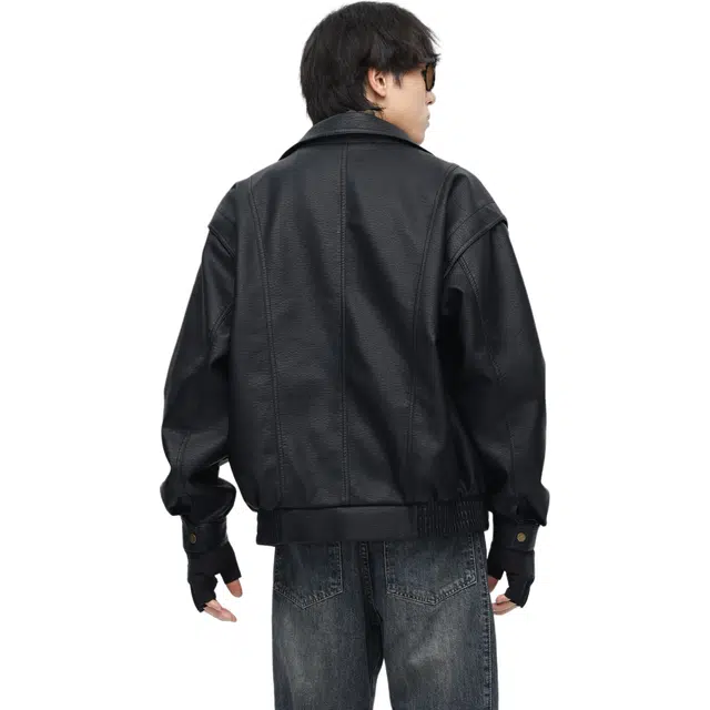 地界二 美式复古多风格融合宽松翻领时尚机车皮夹克皮衣 男女同款