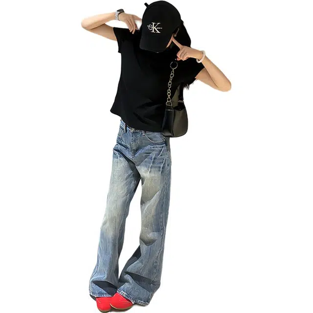 单爵 复古蓝闪电竹节纹微喇裤男秋季美式水洗直筒裤牛仔裤 男女同款