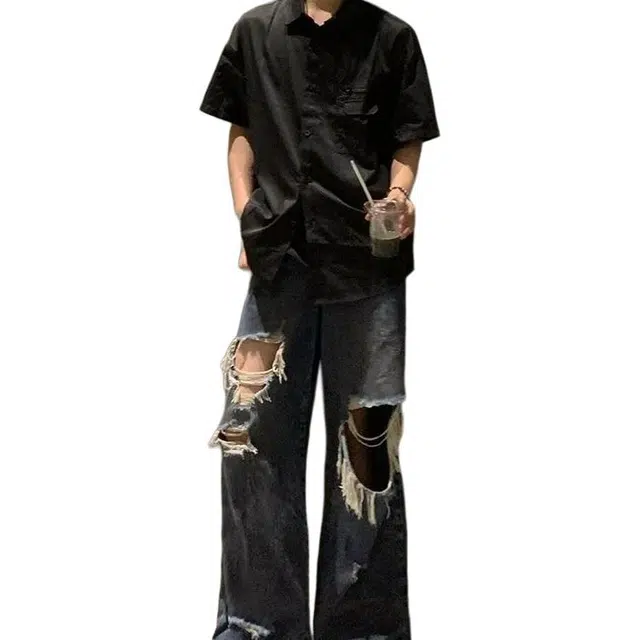 木木兔 秋季直筒水洗高级感休闲潮牌皮带款潮流日系青少年港风复古裤子牛仔裤 男款