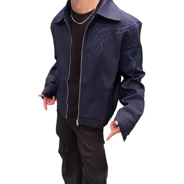 黑马漫画 闪电刺绣外套男款秋季高级感痞帅上衣短款廓形夹克 男女同款