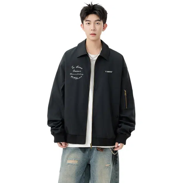 煦加 美式复古胸口字母印花设计外套日常出行酷帅时尚潮流百搭工装宽松痞帅翻领夹克 男女同款