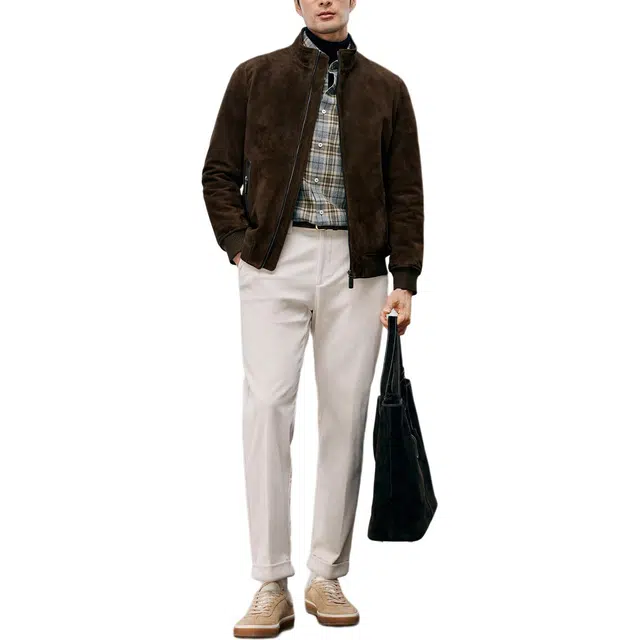 丹宁哲学 高档磨砂反绒纯色长袖立领直筒型皮衣 男款