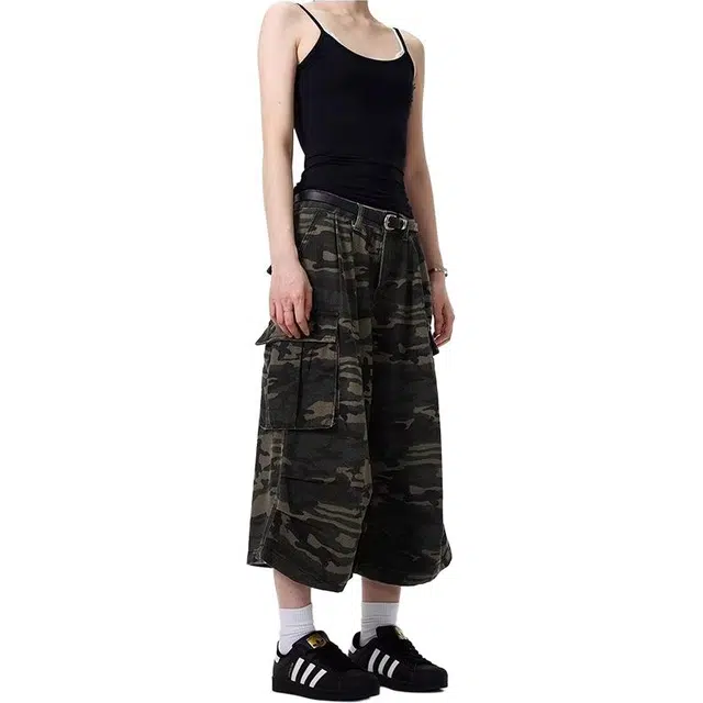 拓菲 美式迷彩七分裤子国潮休闲宽松工装做旧直筒阔腿裤潮牛仔短裤 男女同款