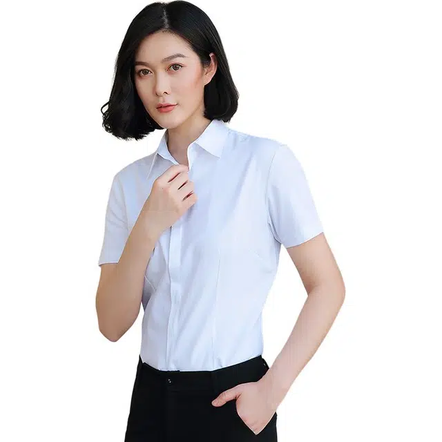 欧迪芬 简约高街职业暗扣设计修身工作服正装工装衬衣休闲短袖衬衫 女款