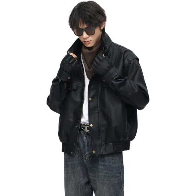 地界二 美式复古多风格融合宽松翻领时尚机车皮夹克皮衣 男女同款