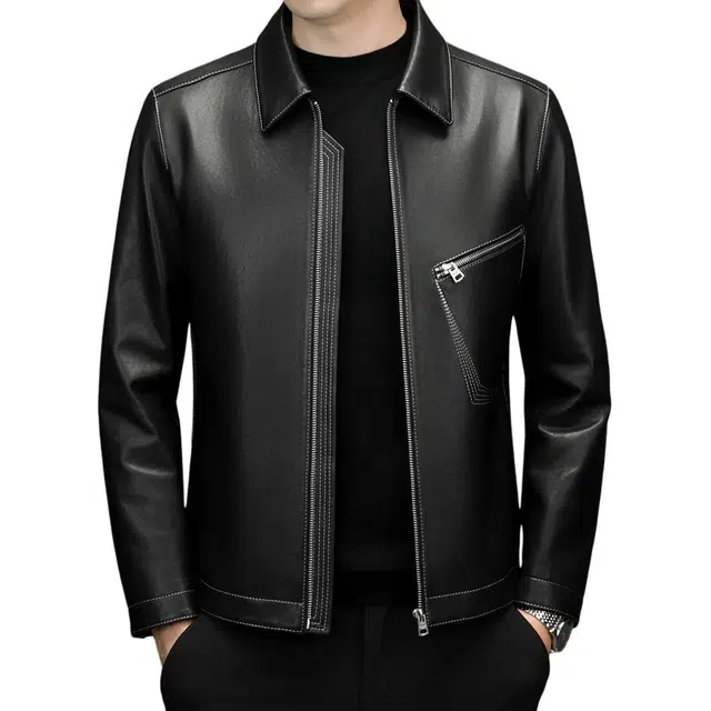 太子龍 高档品牌男装绵羊皮真皮设计感秋冬季翻领休闲皮衣 男款