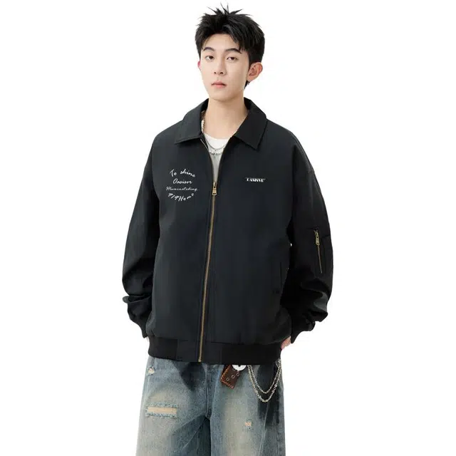 煦加 美式复古胸口字母印花设计外套日常出行酷帅时尚潮流百搭工装宽松痞帅翻领夹克 男女同款