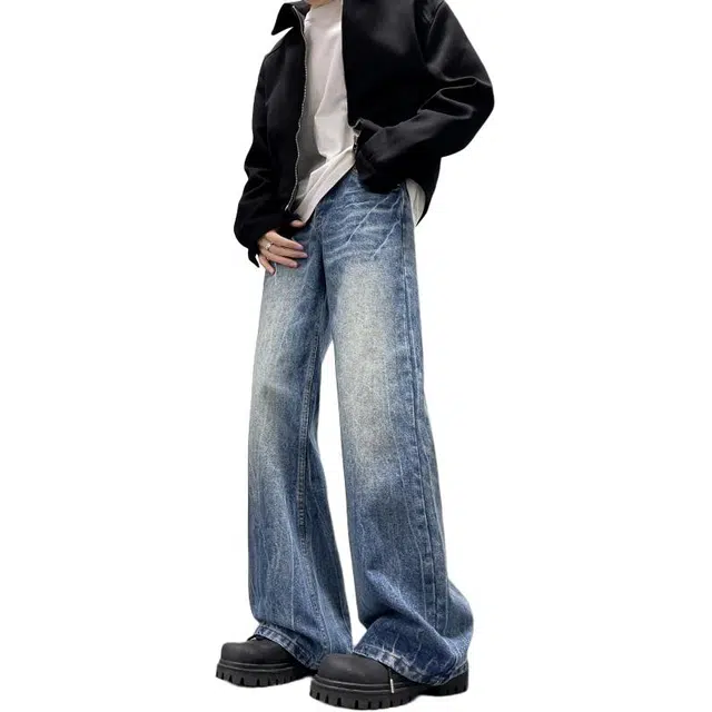 单爵 复古蓝闪电竹节纹微喇裤男秋季美式水洗直筒裤牛仔裤 男女同款