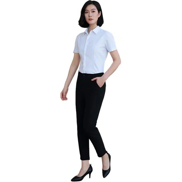 欧迪芬 简约高街职业暗扣设计修身工作服正装工装衬衣休闲短袖衬衫 女款