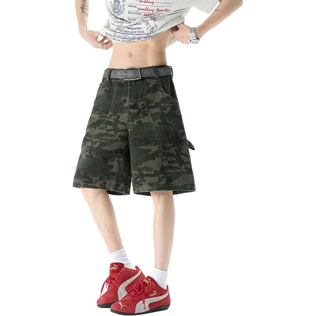 华夏儿女 高品质美式复古迷彩水洗高街宽松舒适五分裤休闲百搭通勤设计感牛仔短裤 男女同款