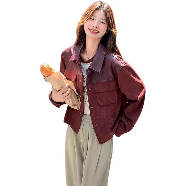 邓大喵 安可拉红皮衣外套女春秋短款仿鹿皮港风拼接上衣夹克 女款