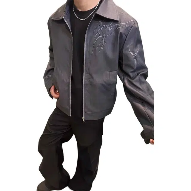 黑马漫画 闪电刺绣外套男款秋季高级感痞帅上衣短款廓形夹克 男女同款