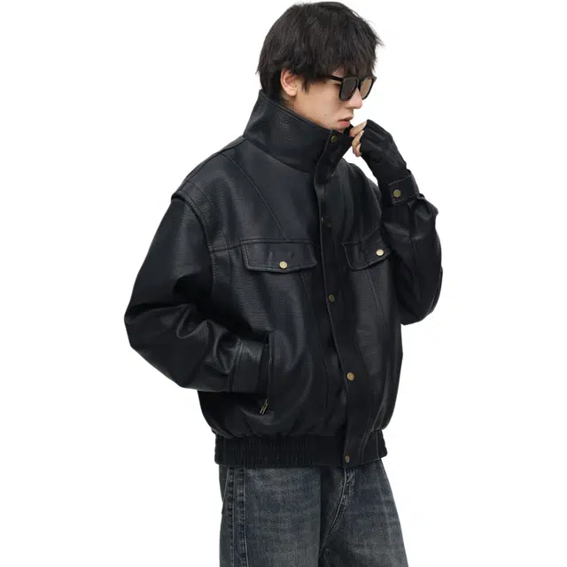 地界二 美式复古多风格融合宽松翻领时尚机车皮夹克皮衣 男女同款