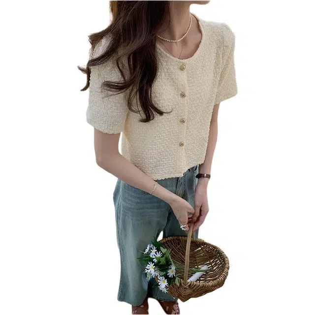 沐晓欣 韩版百搭泡泡布短袖衬衫 女款