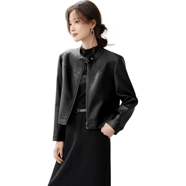 沫晗依美 机车风简约纯色通勤长袖皮衣 女款