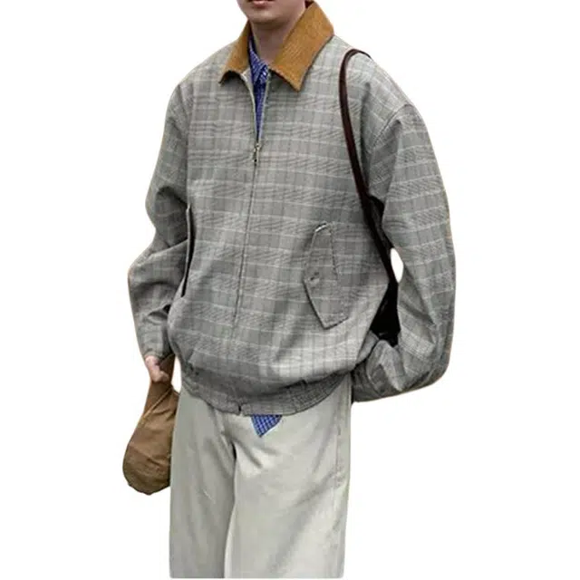 拓菲 新贵老钱松弛格纹拼接短款翻领男款秋季高级感工装棒球服外套夹克 男女同款