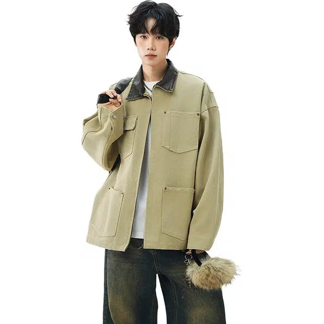 佐菲利 美式复古皮领工装牛仔外套宽松休闲中性风翻领上衣夹克 男女同款