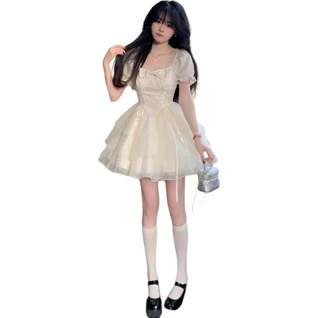 沐晓欣 公主风提花蝴蝶结少女感欧根纱蓬蓬裙春夏短袖连衣裙 女款 杏色