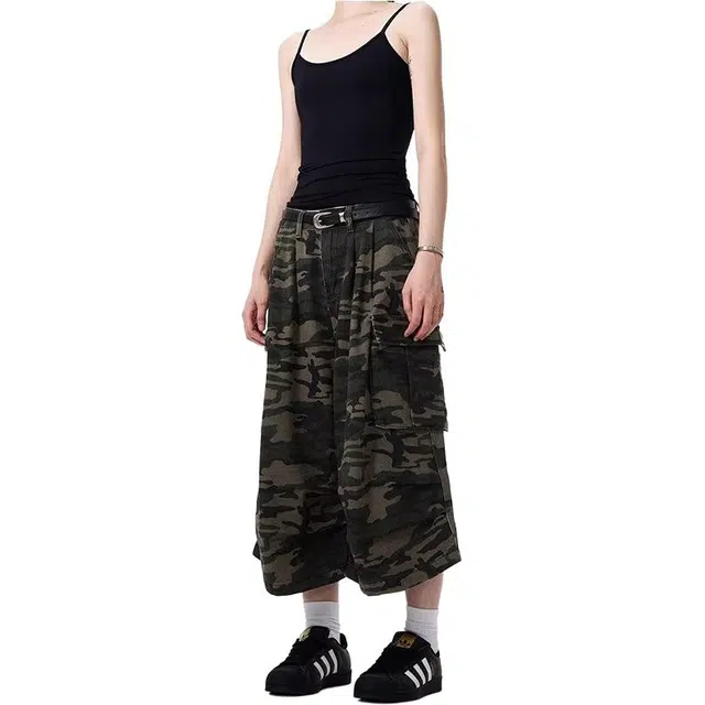 拓菲 美式迷彩七分裤子国潮休闲宽松工装做旧直筒阔腿裤潮牛仔短裤 男女同款