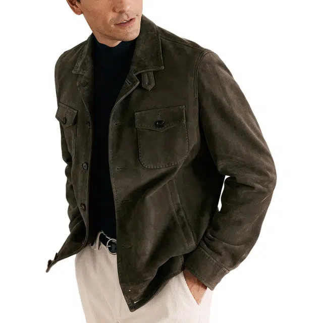 丹宁哲学 高端新西兰反绒羊皮拱针工艺纯色翻领直筒型皮衣 男款