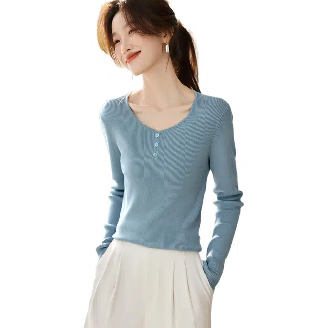 沫晗依美 简约舒适长袖针织衫 女款 蓝色