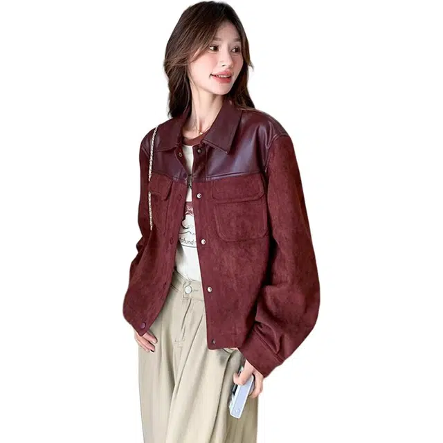邓大喵 安可拉红皮衣外套女春秋短款仿鹿皮港风拼接上衣夹克 女款