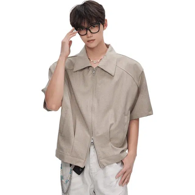 单爵 美式潮牌简约高级感宽松休闲短款垫肩衬衣短袖衬衫 男女同款