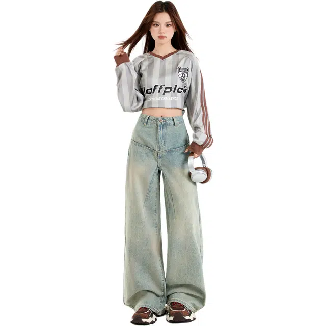 玫丝朵 美式水洗高腰宽松阔腿垂感百搭牛仔裤 女款 复古色