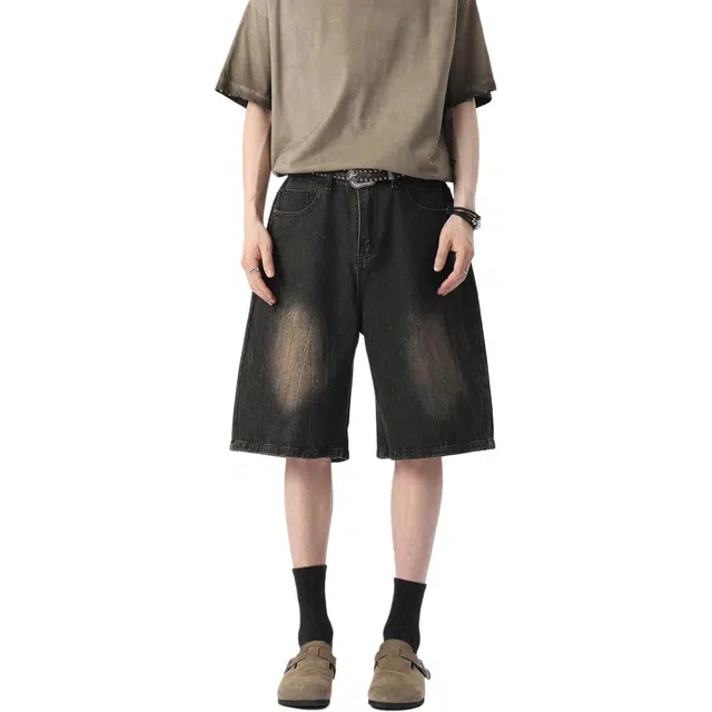 哲源 美式高街水洗做旧重工五分裤潮牌复古高街直筒裤子潮牌宽松垂感高街牛仔短裤 男女同款