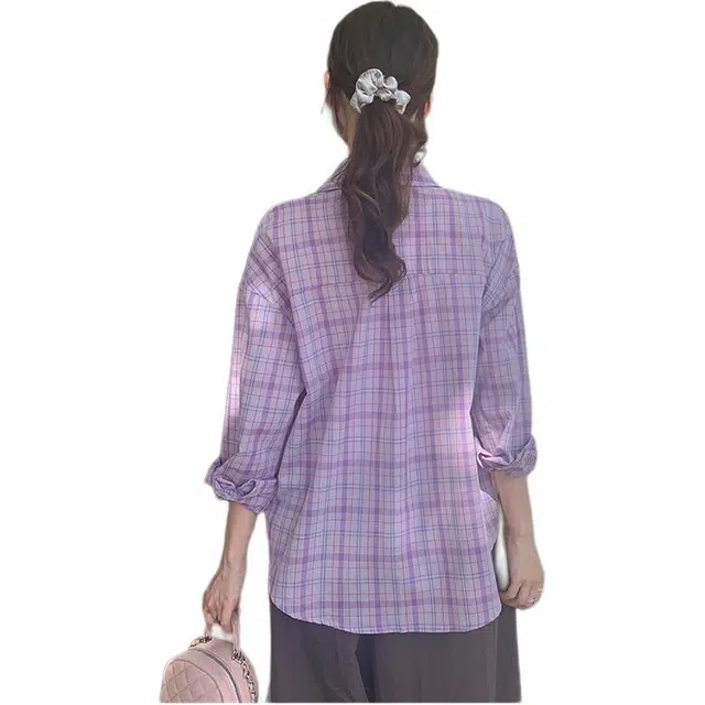 沐晓欣 休闲穿搭防晒紫色格子薄款宽松百搭休闲长袖衬衫 女款