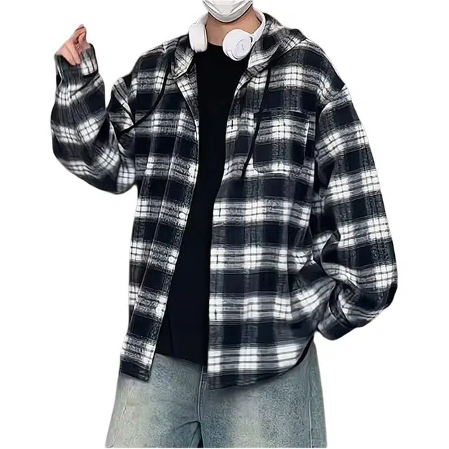 宝米卡 美式格子连帽秋季宽松慵懒风衬衣痞帅春秋情侣毛呢外套衬衫 男女同款