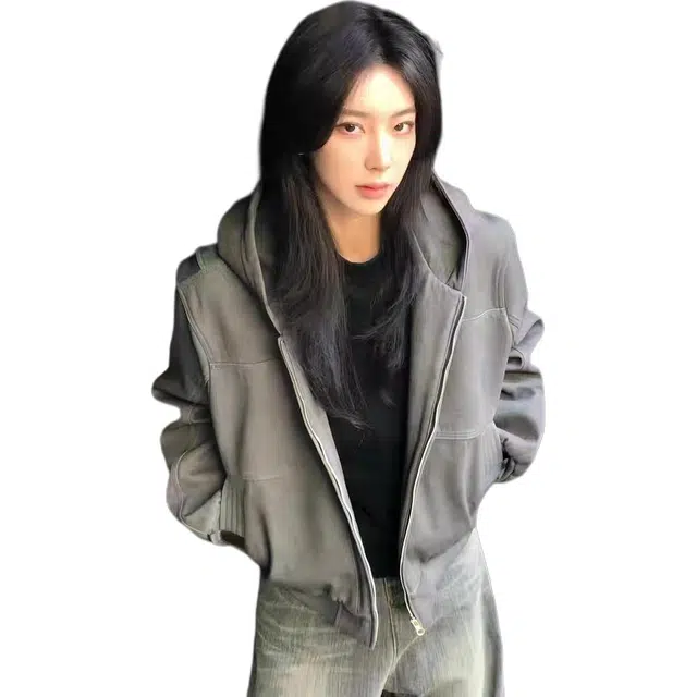 邓大喵 韩系高级感外套上衣女秋季宽松百搭休闲连帽开衫秋冬穿搭夹克 女款