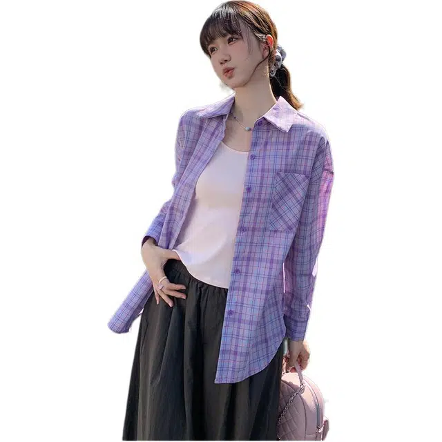沐晓欣 休闲穿搭防晒紫色格子薄款宽松百搭休闲长袖衬衫 女款