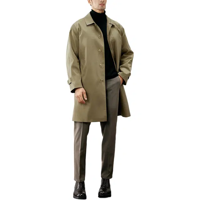 丹宁哲学 抗皱科技记忆面料格纹里衬纯色翻领宽松型风衣 男款