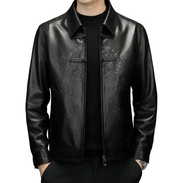 太子龍 秋冬季真皮中老年翻领印花盘扣山羊皮皮衣 男款