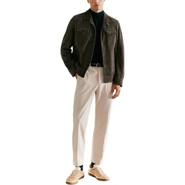 丹宁哲学 高端新西兰反绒羊皮拱针工艺纯色翻领直筒型皮衣 男款