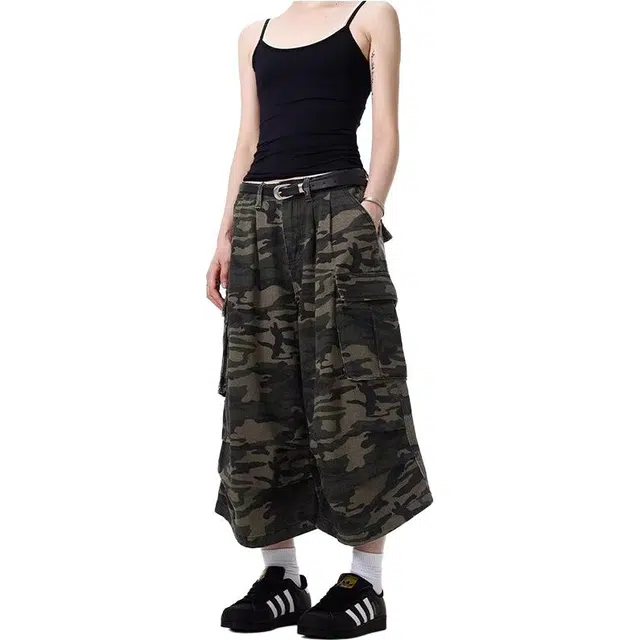 拓菲 美式迷彩七分裤子国潮休闲宽松工装做旧直筒阔腿裤潮牛仔短裤 男女同款