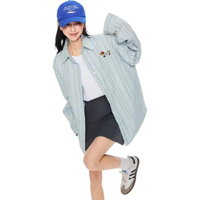玫丝朵 条纹舒适时尚潮流高级感内搭长袖衬衫 女款 蓝色