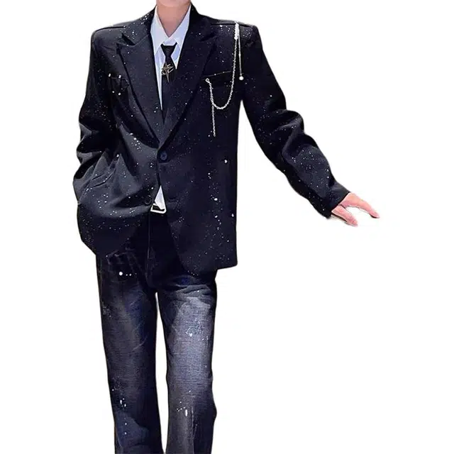 拓菲 男模穿搭满天星珍珠挂链设计感正肩西服外套潮高级感痞帅气质西装 男女同款