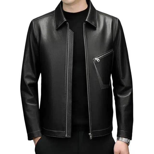 太子龍 高档品牌男装绵羊皮真皮设计感秋冬季翻领休闲皮衣 男款