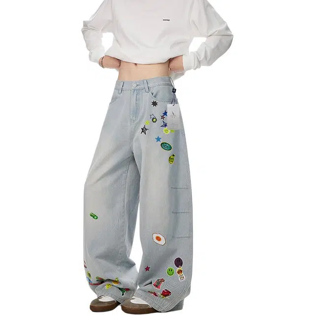 袋鼠 高个子加长版型长裤美式复古百搭基础款通勤阔腿裤高街水洗做旧弯刀牛仔裤 男女同款