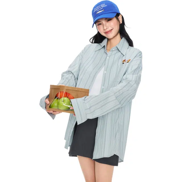 玫丝朵 条纹舒适时尚潮流高级感内搭长袖衬衫 女款 蓝色