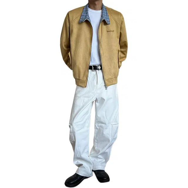 佐菲利 美式格子拼接麂皮绒空气层休闲外套复古慵懒风上衣夹克 男女同款