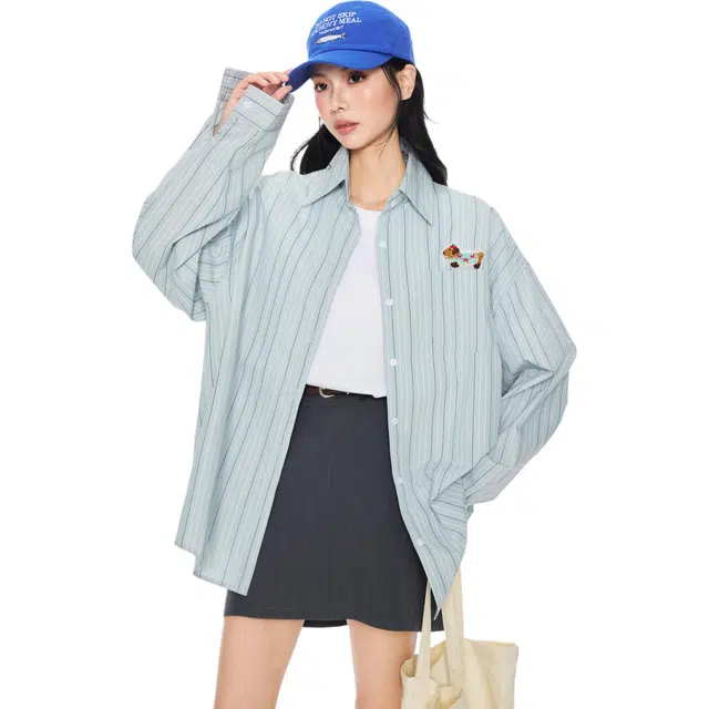 玫丝朵 条纹舒适时尚潮流高级感内搭长袖衬衫 女款 蓝色