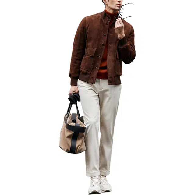 丹宁哲学 高档磨砂反绒绵羊皮纯色立领直筒型皮衣 男款