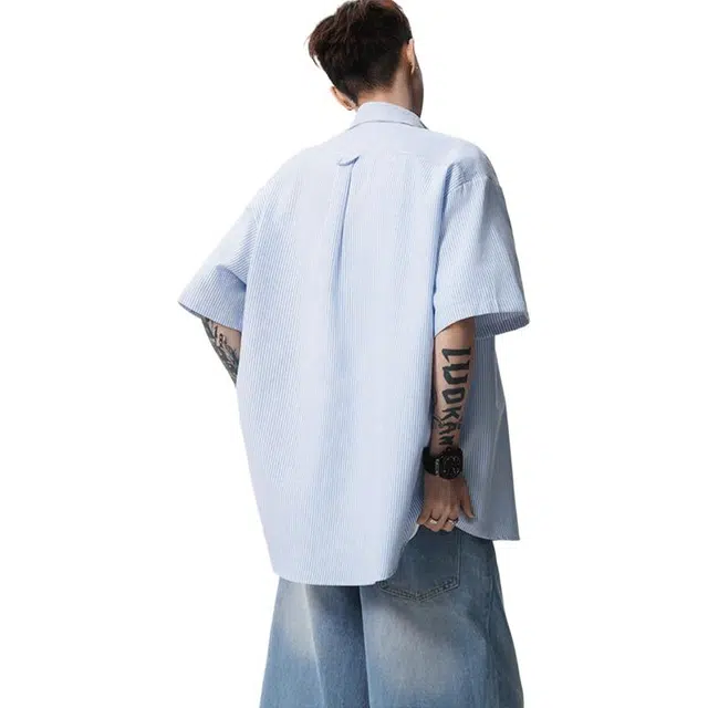 单爵 美式腊肠狗条纹宽松百搭防晒衬衣夏季短袖衬衫 男女同款