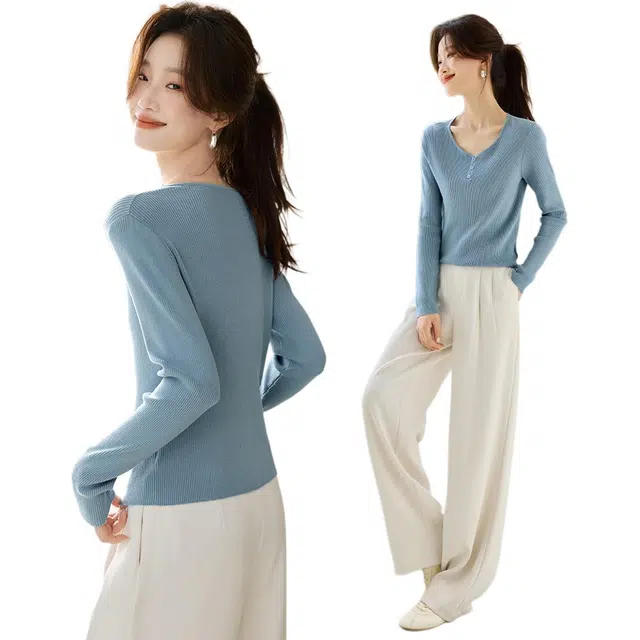 沫晗依美 简约舒适长袖针织衫 女款 蓝色